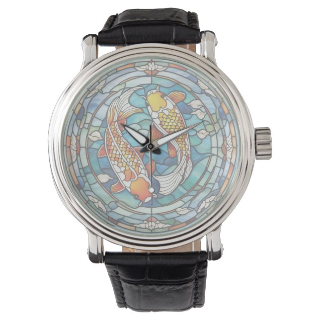 Koi Fish Stached Glass Japansk Asain Fish Clock Armbandsur (Framsida)
