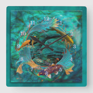 Koi Fish SWIMMING IN Peace Fyrkantig Klocka