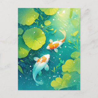 Koi Fish Swimming in Sunlit Green Lily Pond Vykort