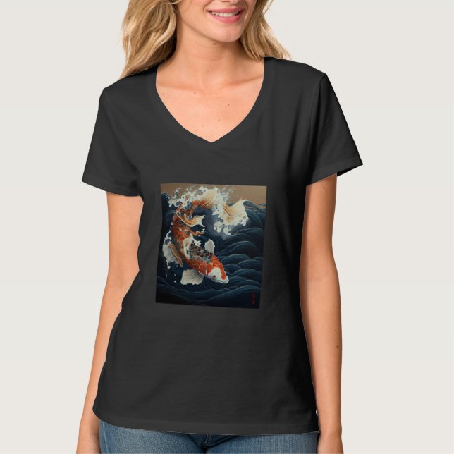 Koi fish swimming in the great wave Japanese T Shirt (Framsida)