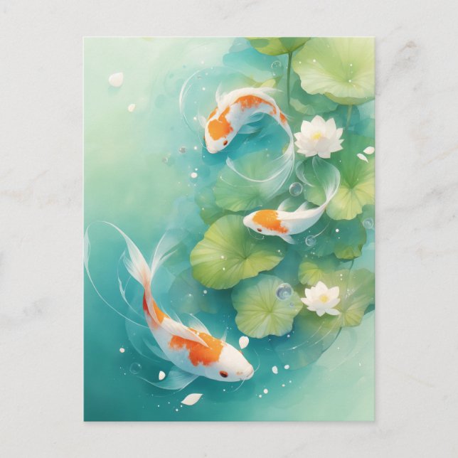 Koi Fish Swimming in Turquoise Lotus Pond Vykort (Framsida)