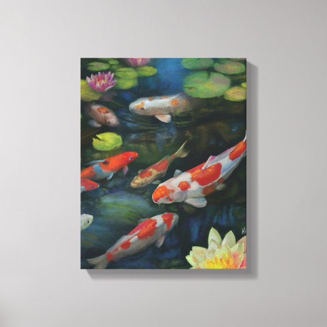 Koi Fish Swimming Lotus Flower Pond Zen Painting Canvastryck (Framsida)