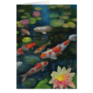 Koi Fish Swimming Lotus Flower Pond Zen Painting Hälsningskort