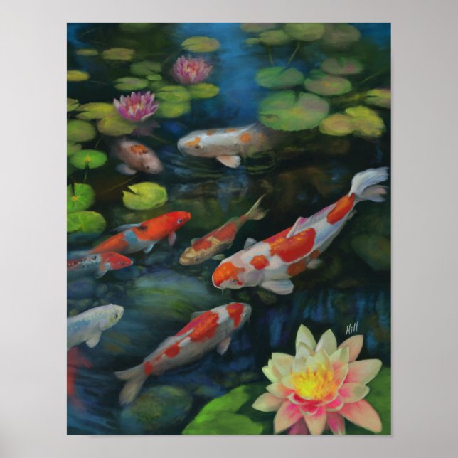 Koi Fish Swimming Lotus Flower Pond Zen Painting Poster (Framsidan)