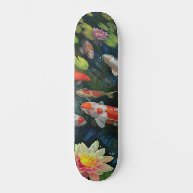 Koi Fish Swimming Lotus Flower Zen Pond Painting Mini Skateboard Bräda 18,5 Cm (Framsida)