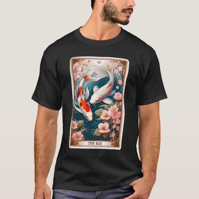 Koi Fish Tarot Card Witchy Skeleton Botanical T Shirt (Framsida)