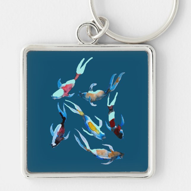 koi Fish vattencolor Japansk art Fyrkantig Silverfärgad Nyckelring (Framsidan)