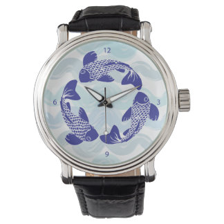 Koi Fish Watch Black Leather Strap Armbandsur