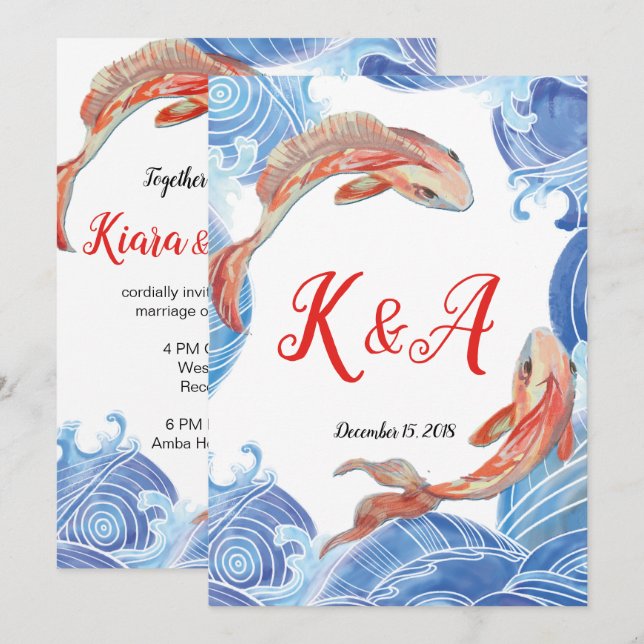 KOI FISH WEDING-INBJEKTKORT INBJUDNINGAR (Fram/baksida)