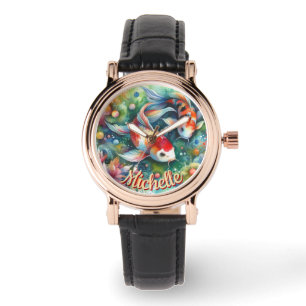 Koi Fish Whimsical Watercolor Orange Personlig Armbandsur