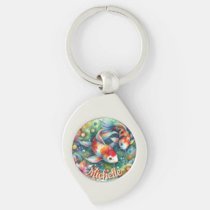 Koi Fish Whimsical Watercolor Orange Personlig Swirl Silverfärgad Nyckelring
