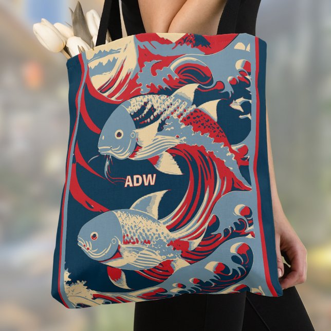Koi Fish with Red Blue Great Wave Monogram Tygkasse (Skapare uppladdad)