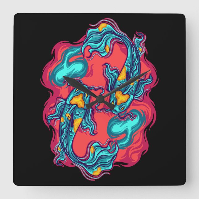 Koi Fish Yin Yang Fyrkantig Klocka (Framsida)