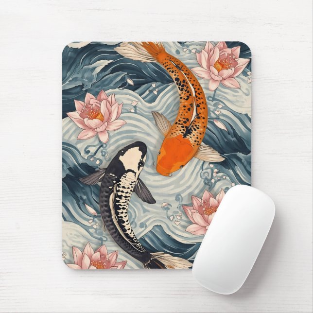 Koi Fish Yin Yang Lotus Art Musmatta (Med mus)