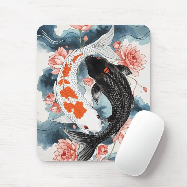 Koi Fish Yin Yang Lotus Art Musmatta (Med mus)