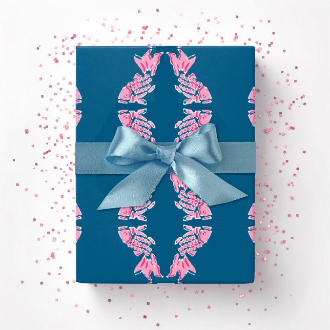 Koi-fisk Chinoiserie Ogee i rosa och djup akvamari Presentpapper (Skapare uppladdad)