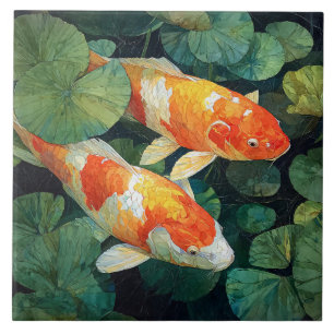 Koi Fisk Damm Näckrosblad Kakelplatta