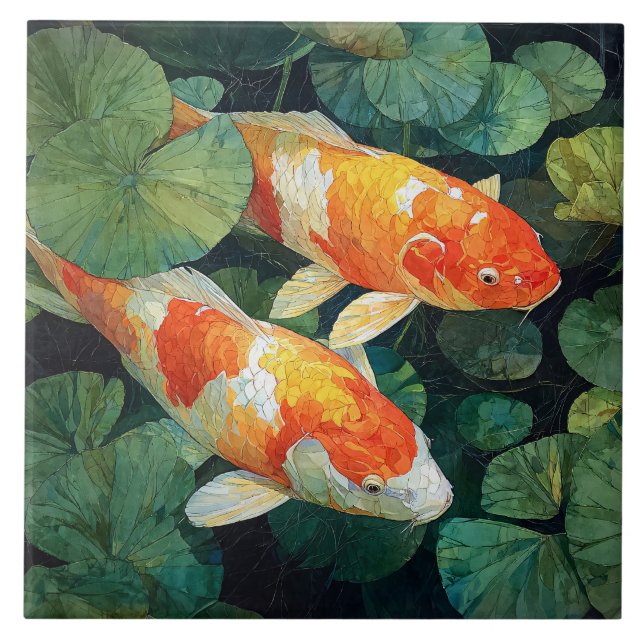 Koi Fisk Damm Näckrosblad Kakelplatta (Framsidan)