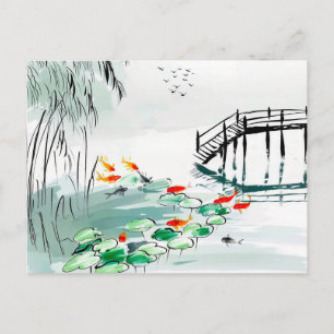 Koi-fisk i en lugn damm Kina Vykort