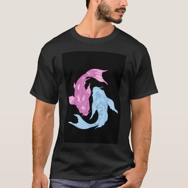 Koi Fisk Illustration Rosa Och Blå T Shirt (Framsida)