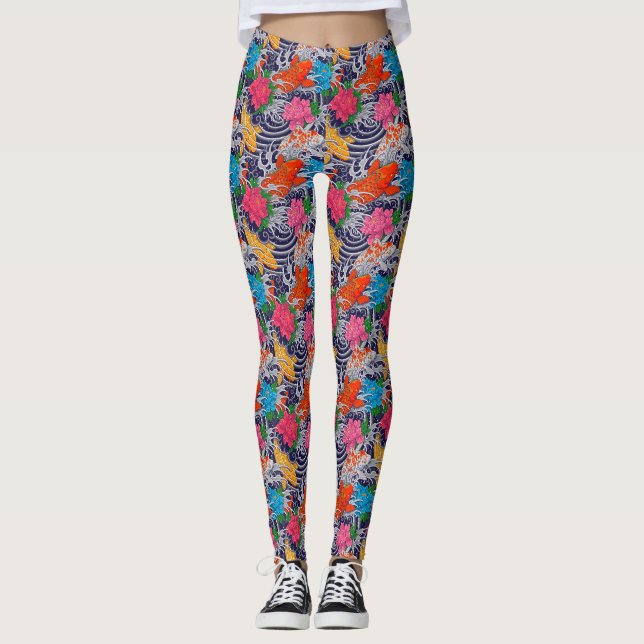 Koi-fisk Japansk tatuering med våg blomster Mönste Leggings (Framsida)