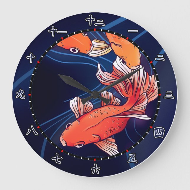 koi, fisk, kitsch, Japan, tecknad, blå, kanji Stor Klocka (Framsida)