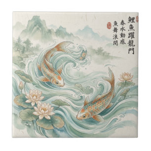 Koi Fisk Lotus Bläck Tvätt Konst Kakelplatta