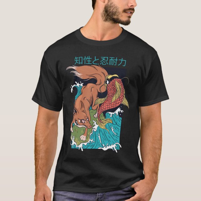 Koi-fisk med japansk stil design med räv t shirt (Framsida)