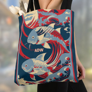 Koi-fisk med röd blå stor våg monogram tygkasse