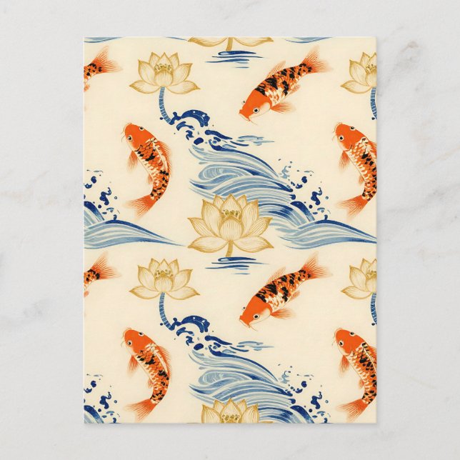 Koi-fisk och Lotus-sömlöst Mönster Vykort (Framsida)