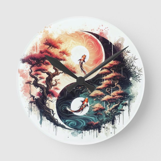 Koi-fisk och tempel Yin Yang Rund Klocka (Framsida)