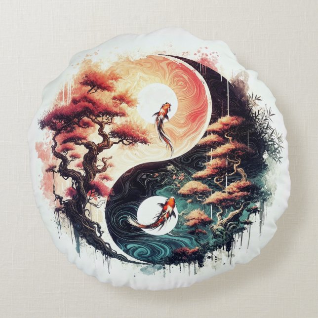 Koi-fisk och tempel Yin Yang Rund Kudde (Baksidan)