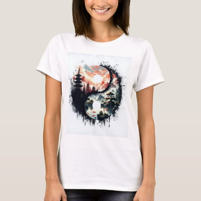 Koi-fisk och tempel Yin Yang T Shirt (Framsida)