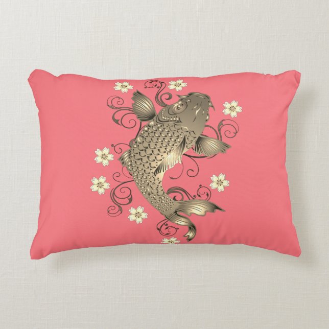 Koi-fisk, oriental peach guld blommigt japanese prydnadskudde (Framsidan)