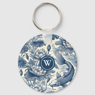 Koi Fisk Vatten Lilja Blå Chinoiserie Toile Initia Nyckelring