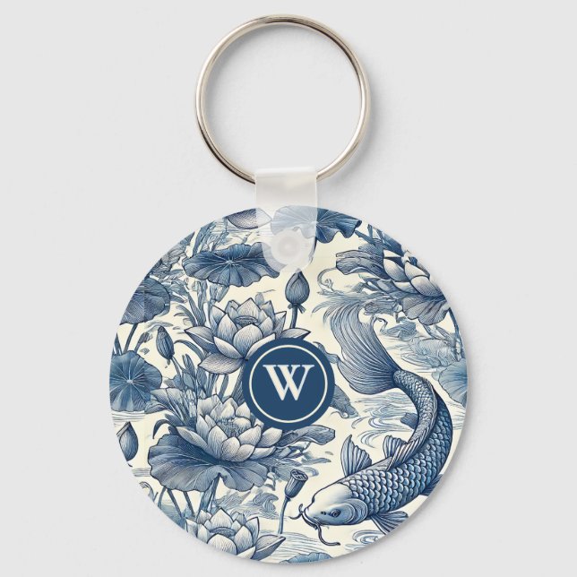 Koi Fisk Vatten Lilja Blå Chinoiserie Toile Initia Nyckelring (Framsida)