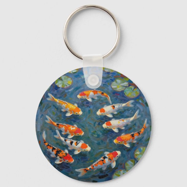 Koi Fisk Vattenliljor Impressionistisk Dam Nyckelring (Framsida)