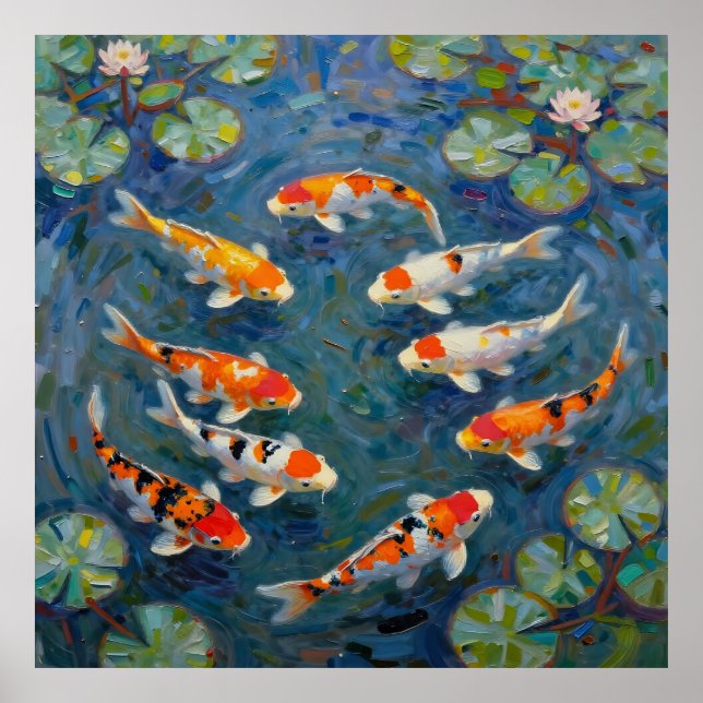 Koi Fisk Vattenliljor Impressionistisk Dam Poster (Framsidan)