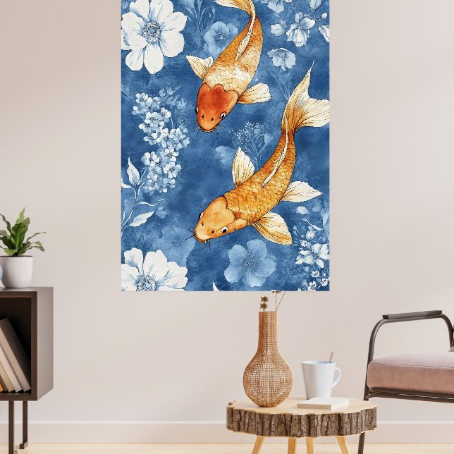 koi-fiskar och det djupa indigo-blå i blomsterarra poster (Vardagsrum 3)