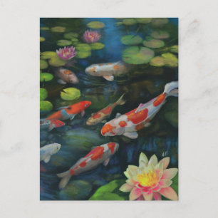 Koi Fiskar Simmande Lotus Blomma Damm Zen Målning Vykort