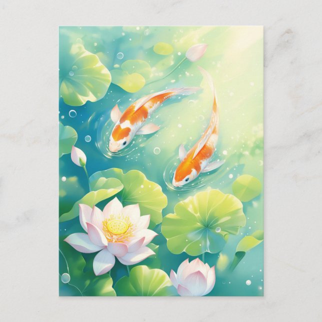 Koi-fiskar som simmar i damm med rosa lotusblommor vykort (Framsida)