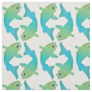 Koi fiskblått och grönt Pisces mönstertyg Tyg
