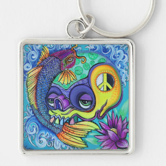 Koi fiskskalle Keychain Fyrkantig Silverfärgad Nyckelring