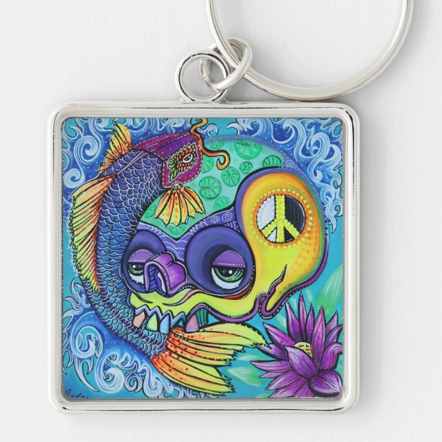 Koi fiskskalle Keychain Fyrkantig Silverfärgad Nyckelring (Framsidan)