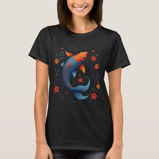 Koi Flow â€“ Blå och Orange Fisk med Blommig Virve T Shirt (Framsida)