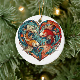 Koi Harmony: Hjärtsformad jul Julgransprydnad Keramik