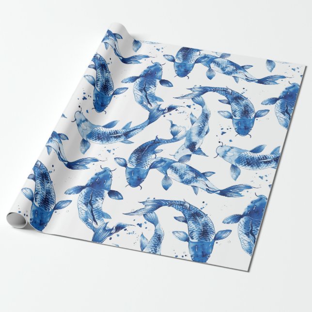 Koi indigo shibori mönster presentpapper (Utrullad)