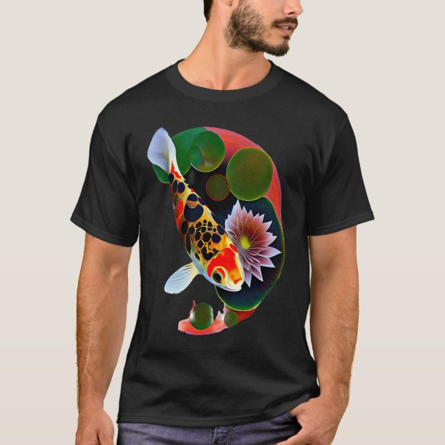 koi karp fisk lilja blad blomma japansk t shirt (Framsida)