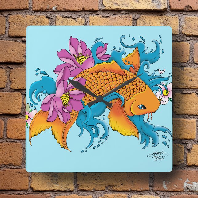 Koi och Flowers Fyrkantig Klocka (Skapare uppladdad)