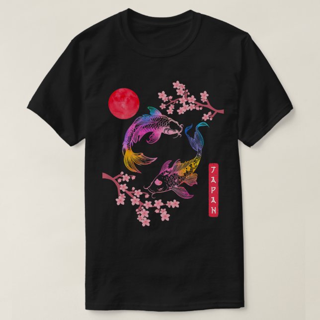 Koi p Fish Sakura Red Rainbow Sol Japansk körsbär T Shirt (Design framsida)
